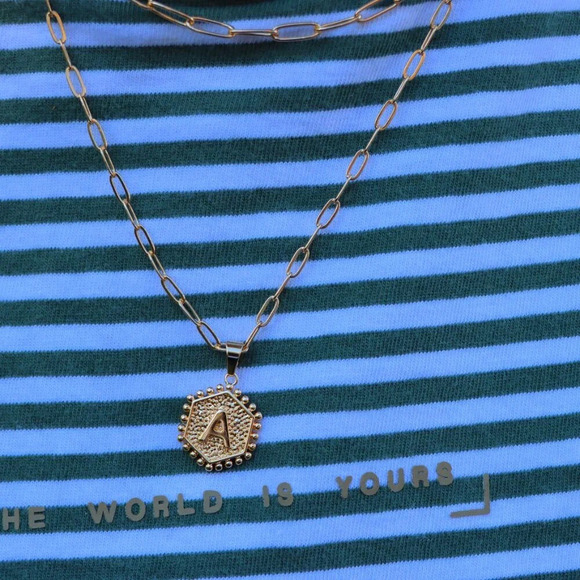 2 LAYER GOLD LETTER INITIAL COIN HEXAGONAL PENDANT DAINTY NECKLACE, ELDM22335 - Picture 12 of 13